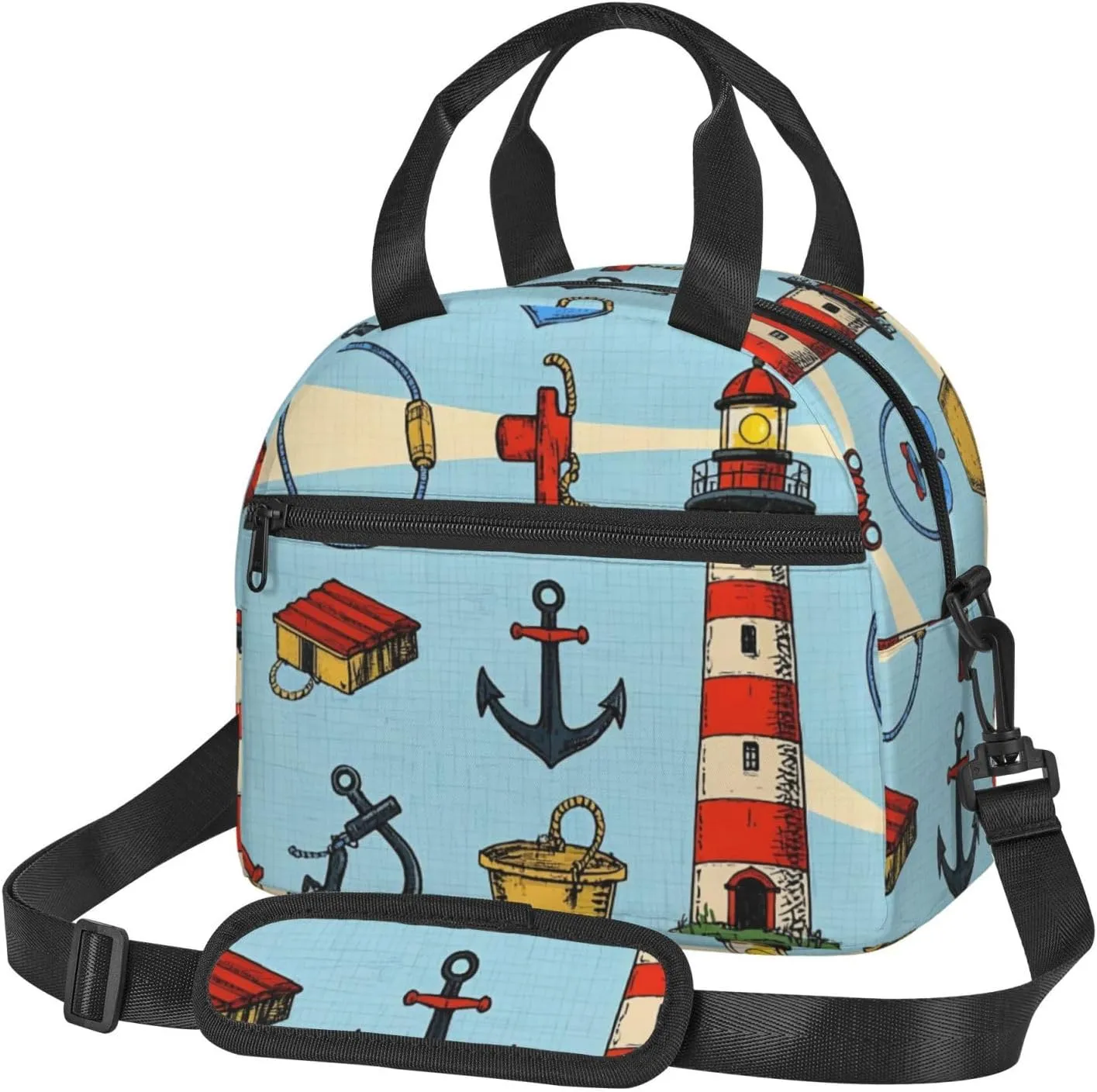 Insulated Lunch Bag for Men Women, Reusable Lunch Box with Adjustable Shoulder Strap, Leakproof Thermal Meal Cooler Bag Handbags for Office Work Picnic, Ocean Lighthouse Anchor