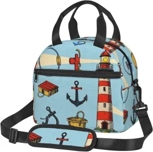 Insulated Lunch Bag for Men Women, Reusable Lunch Box with Adjustable Shoulder Strap, Leakproof Thermal Meal Cooler Bag Handbags for Office Work Picnic, Ocean Lighthouse Anchor