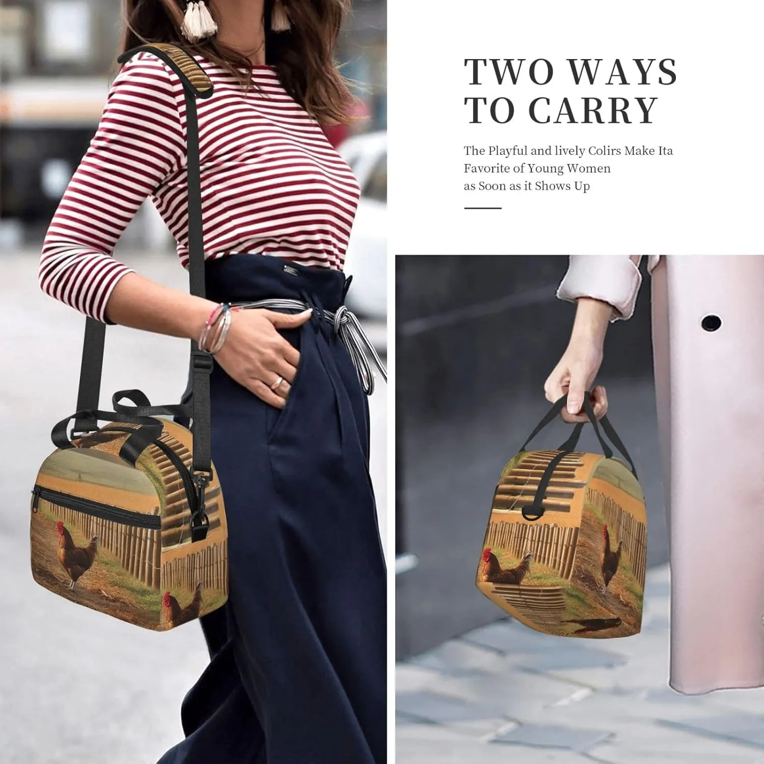 Insulated Lunch Bag for Women Men Chicken Wood Stake Farmland Lunch Box Leakproof Reusable Lunchbox Adult Lunch Tote Bag with Adjustable Shoulder Strap Lunch Cooler Bag for Work Travel Picnic