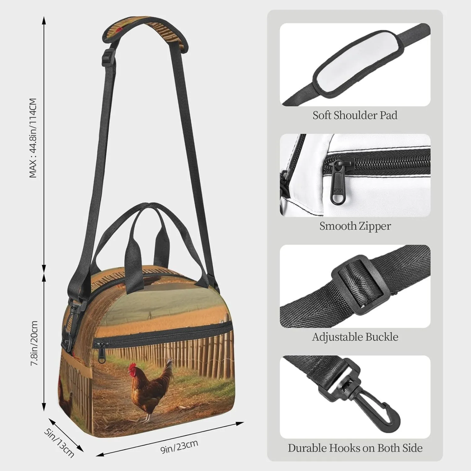 Insulated Lunch Bag for Women Men Chicken Wood Stake Farmland Lunch Box Leakproof Reusable Lunchbox Adult Lunch Tote Bag with Adjustable Shoulder Strap Lunch Cooler Bag for Work Travel Picnic