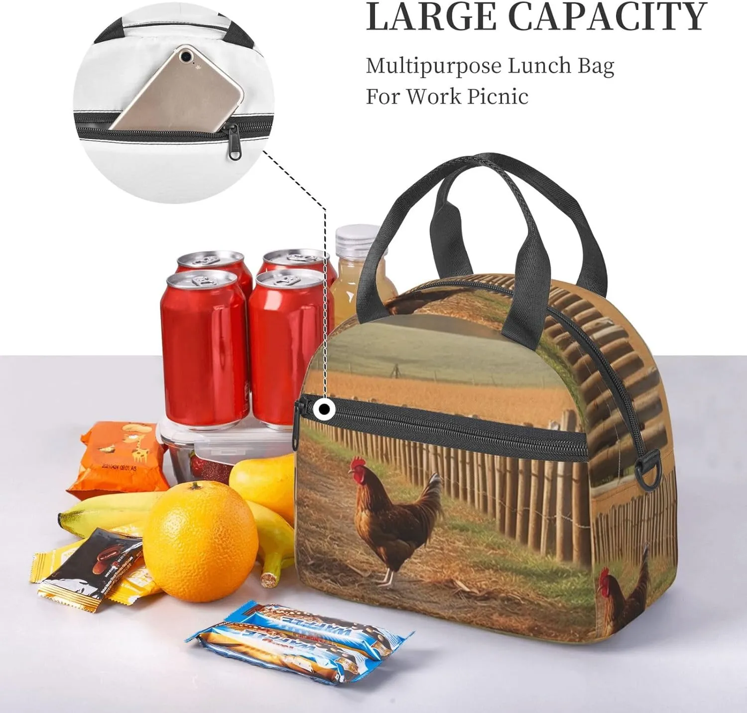 Insulated Lunch Bag for Women Men Chicken Wood Stake Farmland Lunch Box Leakproof Reusable Lunchbox Adult Lunch Tote Bag with Adjustable Shoulder Strap Lunch Cooler Bag for Work Travel Picnic