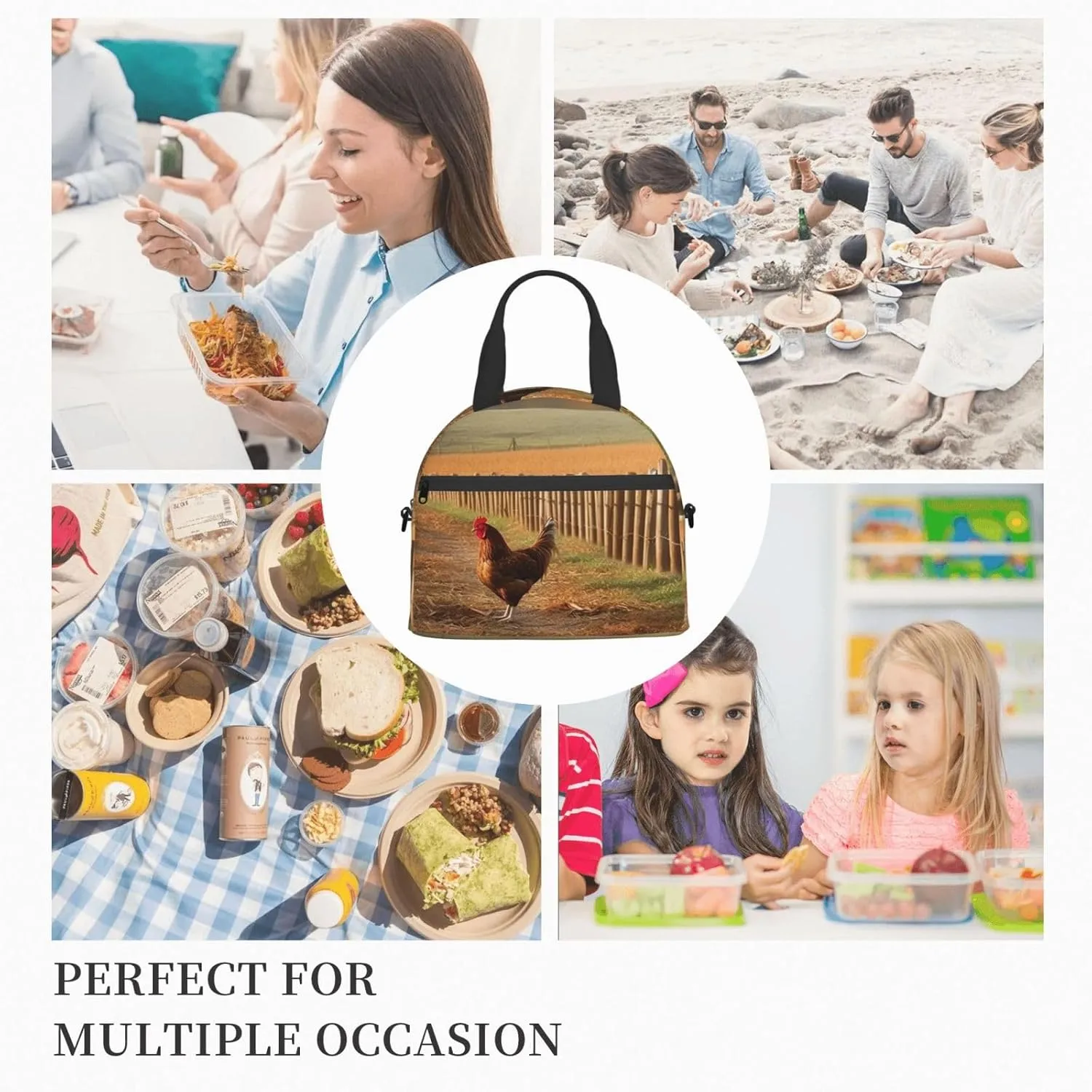 Insulated Lunch Bag for Women Men Chicken Wood Stake Farmland Lunch Box Leakproof Reusable Lunchbox Adult Lunch Tote Bag with Adjustable Shoulder Strap Lunch Cooler Bag for Work Travel Picnic