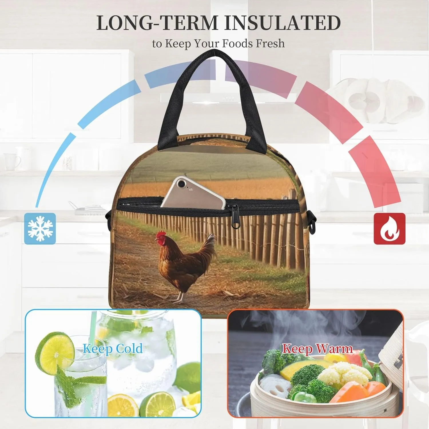 Insulated Lunch Bag for Women Men Chicken Wood Stake Farmland Lunch Box Leakproof Reusable Lunchbox Adult Lunch Tote Bag with Adjustable Shoulder Strap Lunch Cooler Bag for Work Travel Picnic