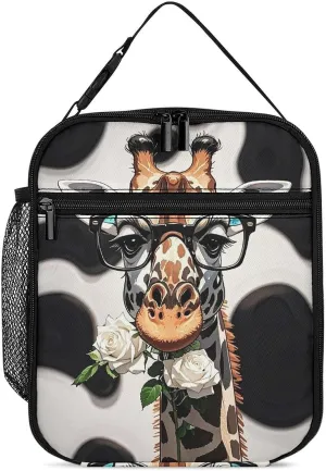 Insulated Lunch Bag for Women Men Portable Small Lunch Bags Giraffe Bites The Rose Reusable Lunch Box with Side Mesh Leakproof Cooler Bags for Work Travel Picnics