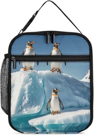 Insulated Lunch Bag for Women Men Portable Small Lunch Bags Penguins On The Iceberg Reusable Lunch Box with Side Mesh Leakproof Cooler Bags for Work Travel Picnics