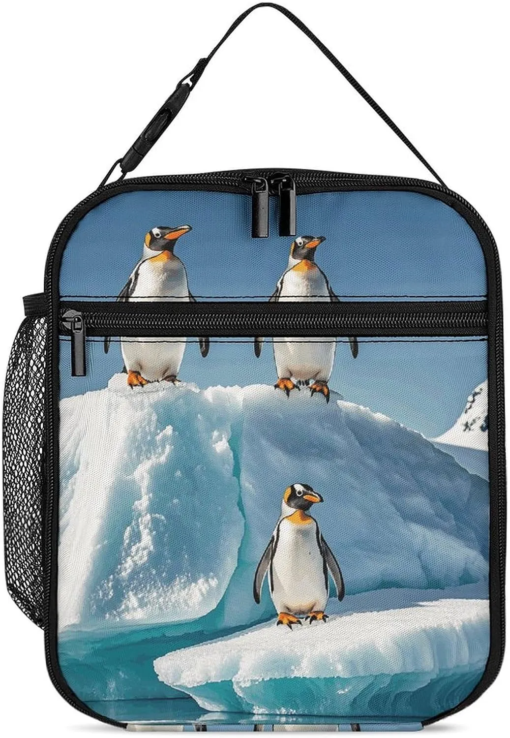 Insulated Lunch Bag for Women Men Portable Small Lunch Bags Penguins On The Iceberg Reusable Lunch Box with Side Mesh Leakproof Cooler Bags for Work Travel Picnics
