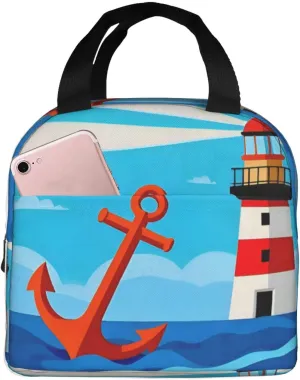 Insulated Lunch Bag for Women Men, Reusable Aluminum Foil Lunch Box, Leakproof Thermal Meal Cooler Shopping Grocery Tote Bag Handbags for Office Work Picnic, Ocean Sea Lighthouse Anchor