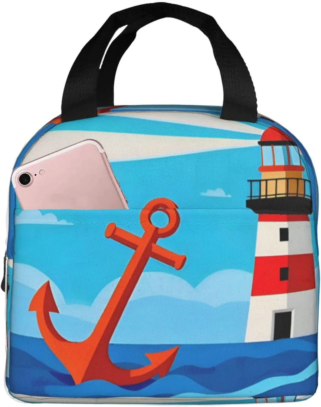 Insulated Lunch Bag for Women Men, Reusable Aluminum Foil Lunch Box, Leakproof Thermal Meal Cooler Shopping Grocery Tote Bag Handbags for Office Work Picnic, Ocean Sea Lighthouse Anchor