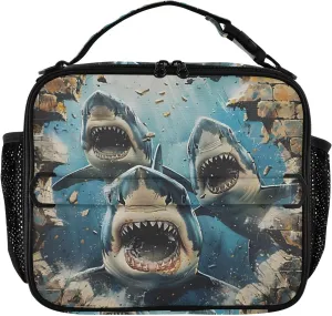 Insulated Lunch Bag Lunch box Cooler Bag for Women Men Sharks Break Through Walls Reusable Portable with Shoulder Strap