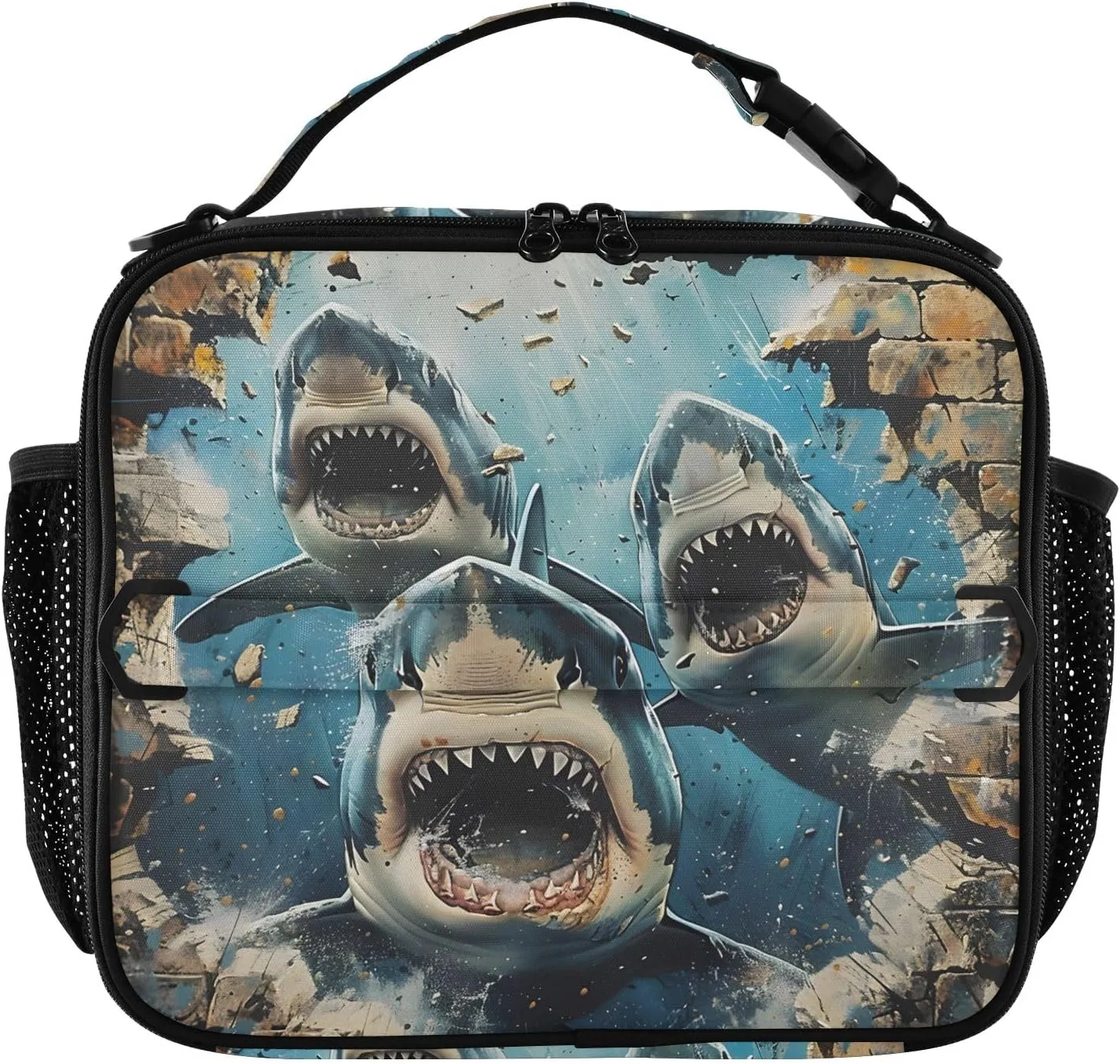 Insulated Lunch Bag Lunch box Cooler Bag for Women Men Sharks Break Through Walls Reusable Portable with Shoulder Strap