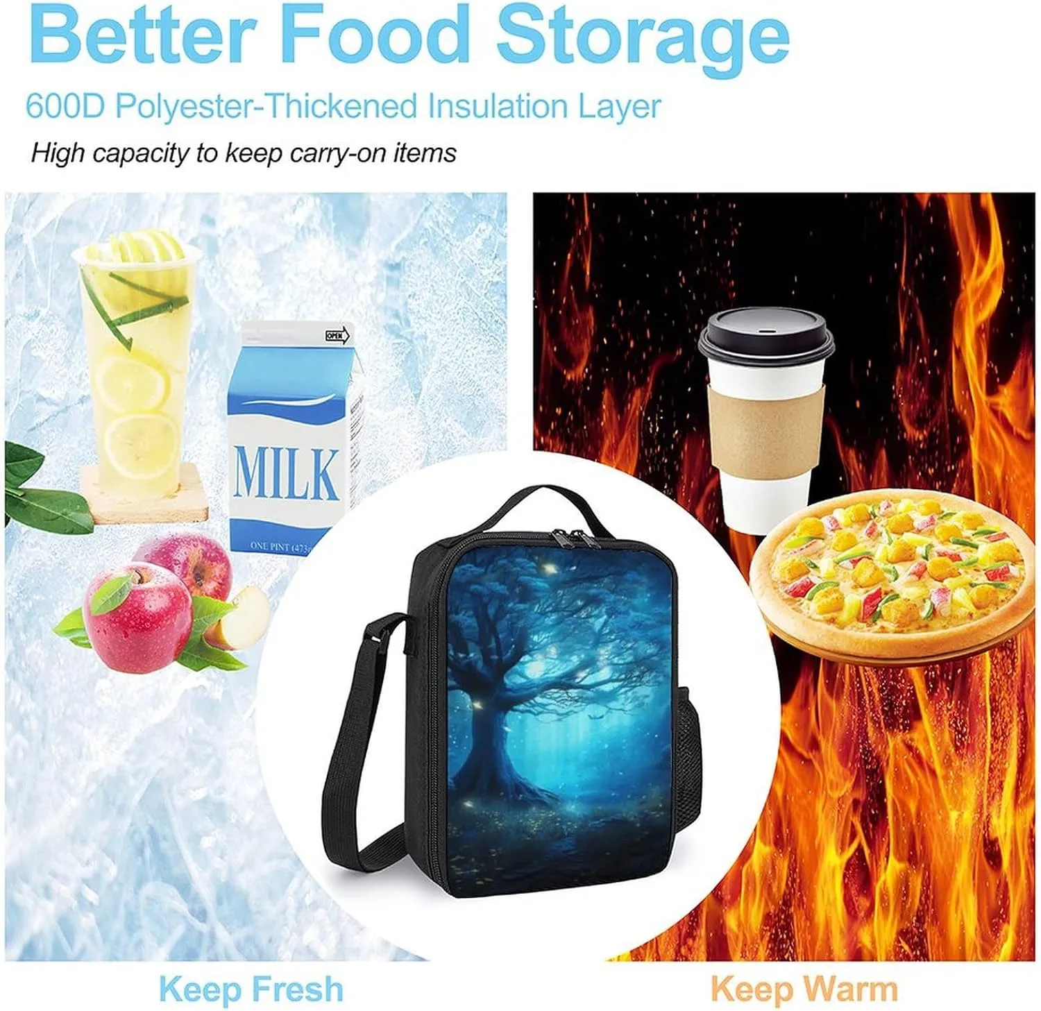 Insulated Lunch Bag Lunch Box for Women Men Mystical Fantasy Forest Blue Nature Lunch Tote Bags for Work Office