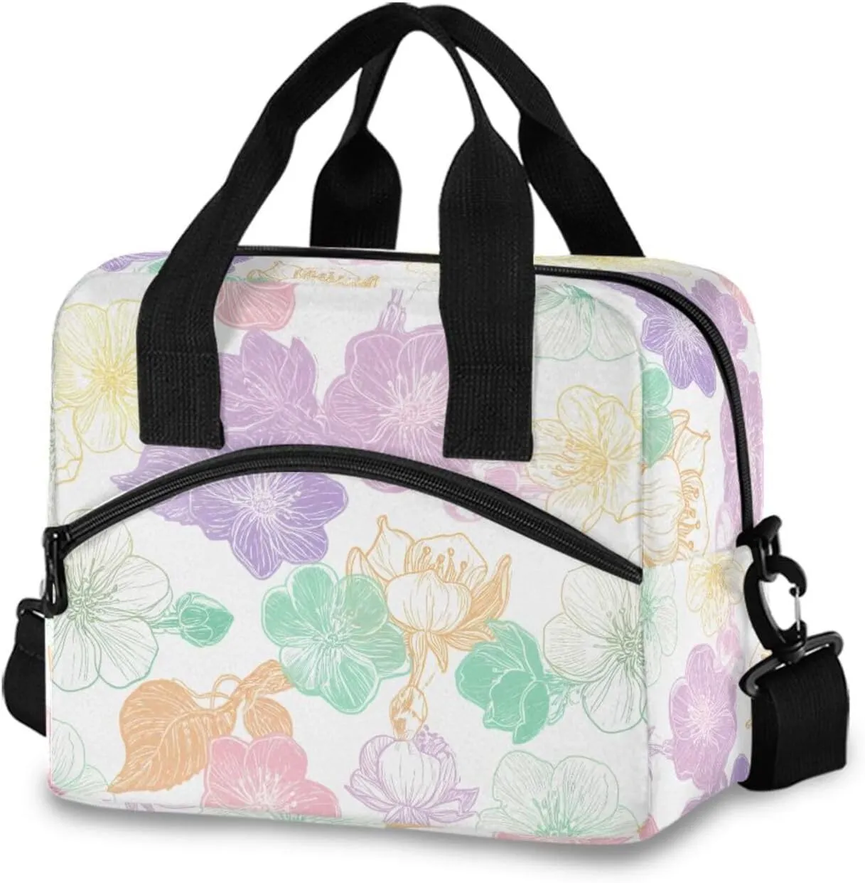 Insulated Lunch Bag Reusable Cooler Outline Cherry Blossom Pastel Lunch Box Adjustable Shoulder Strap for Office Picnic School