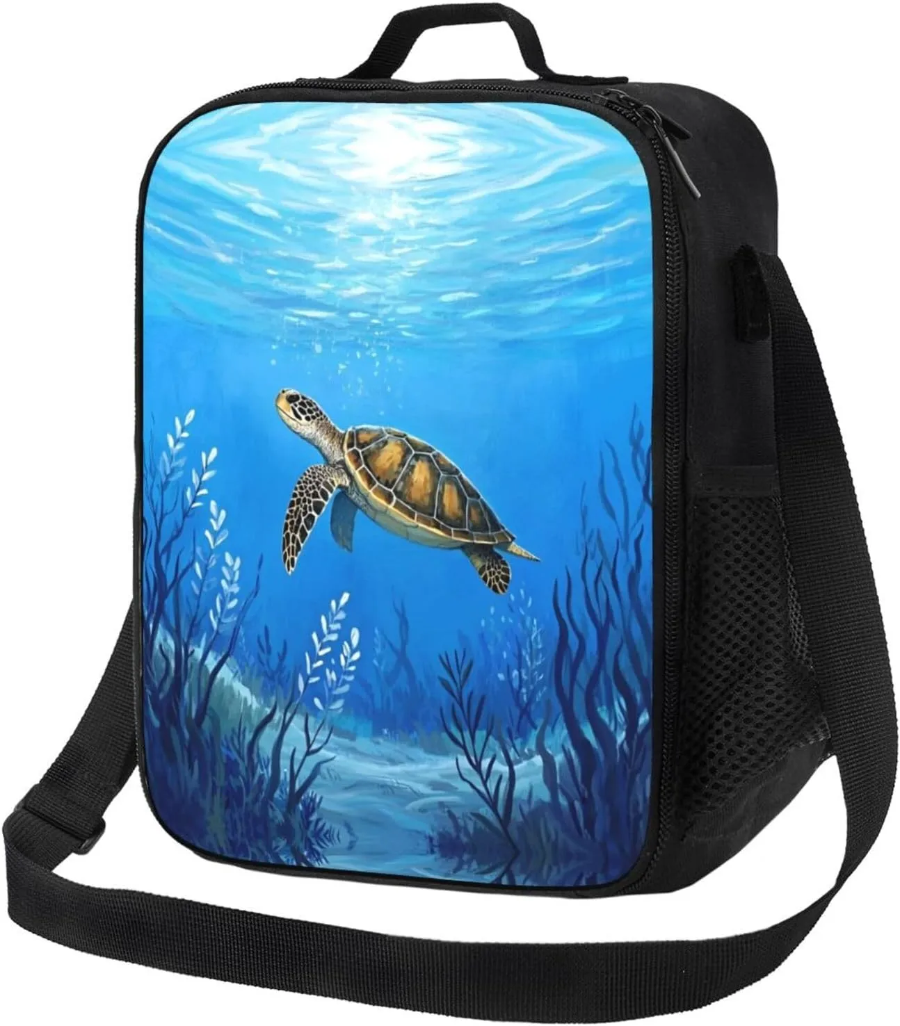 Insulated Lunch Bag with Shoulder Strap, Reusable Lunch Box with Handle, Leakproof Thermal Meal Cooler Travel Tote Shoulder Bag Handbags for Office Work Picnic, Ocean Sea Turtle Seaweed