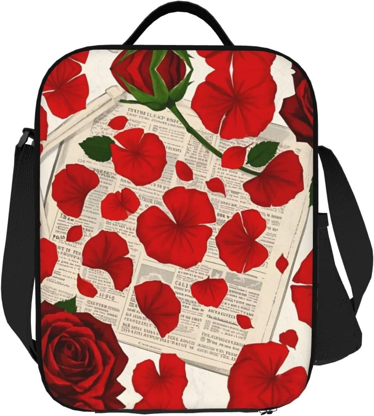 Insulated Lunch Bag with Shoulder Strap, Reusable Lunch Box with Handle, Leakproof Thermal Meal Cooler Travel Tote Shoulder Bag Handbags for Office Work Picnic, Rose Flowers Vintage Newspaper