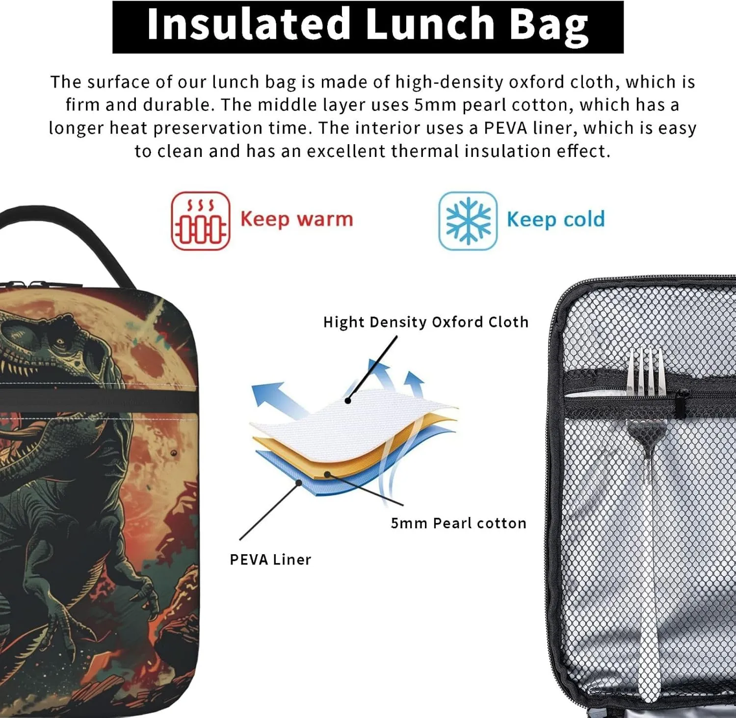 Insulated Lunch Box for Adults Kids Dinosaur Lunch Bag for Work,Picnic,School,Travel,Hiking, Beach or Fishing Polyester Dinosaur Lunch Box