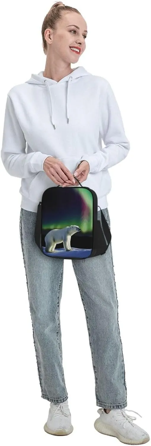 Insulated Lunch box for Men Women Reusable Lunch Bag Northern Lights Polar Bear Cooler Tote Bags for Work Picnic