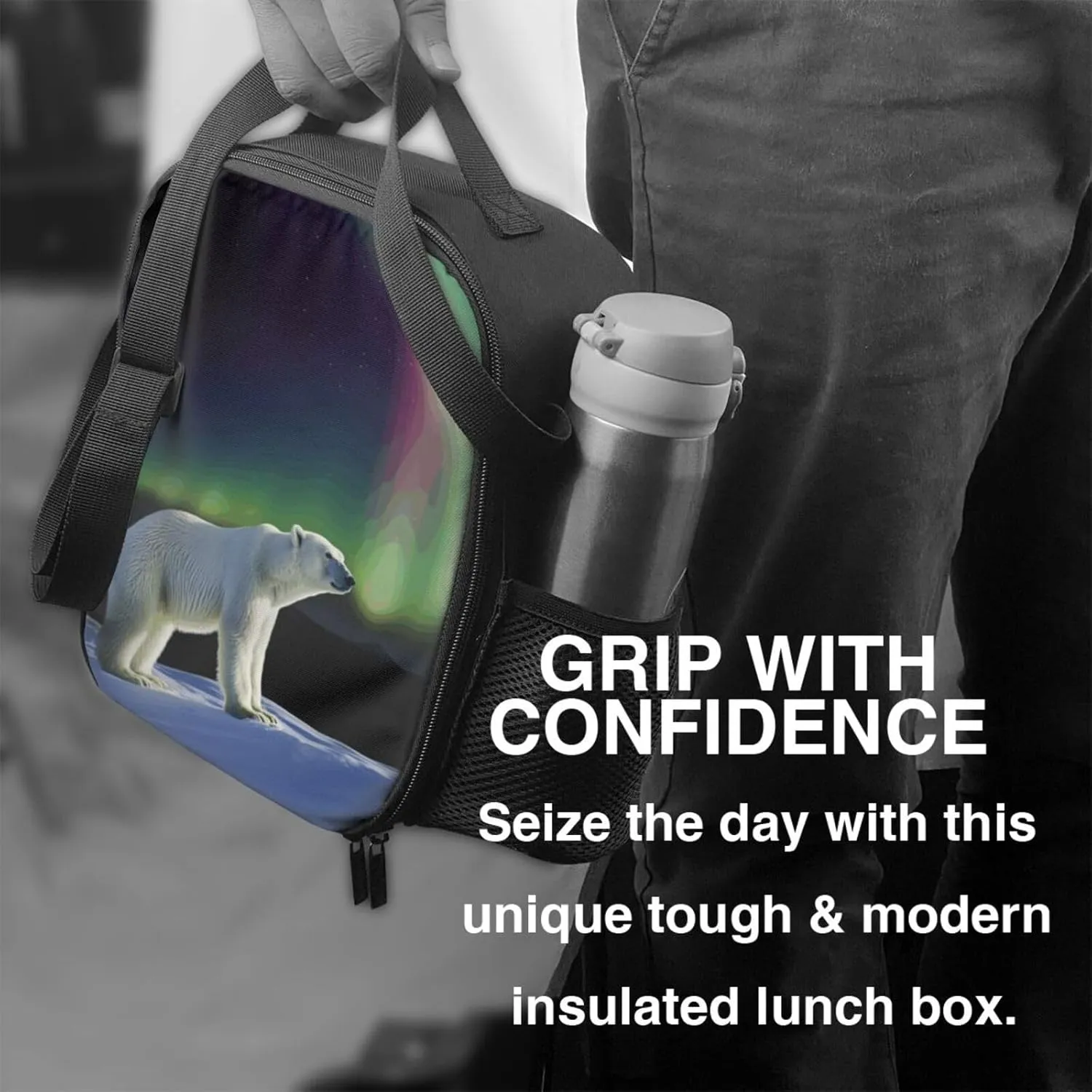 Insulated Lunch box for Men Women Reusable Lunch Bag Northern Lights Polar Bear Cooler Tote Bags for Work Picnic