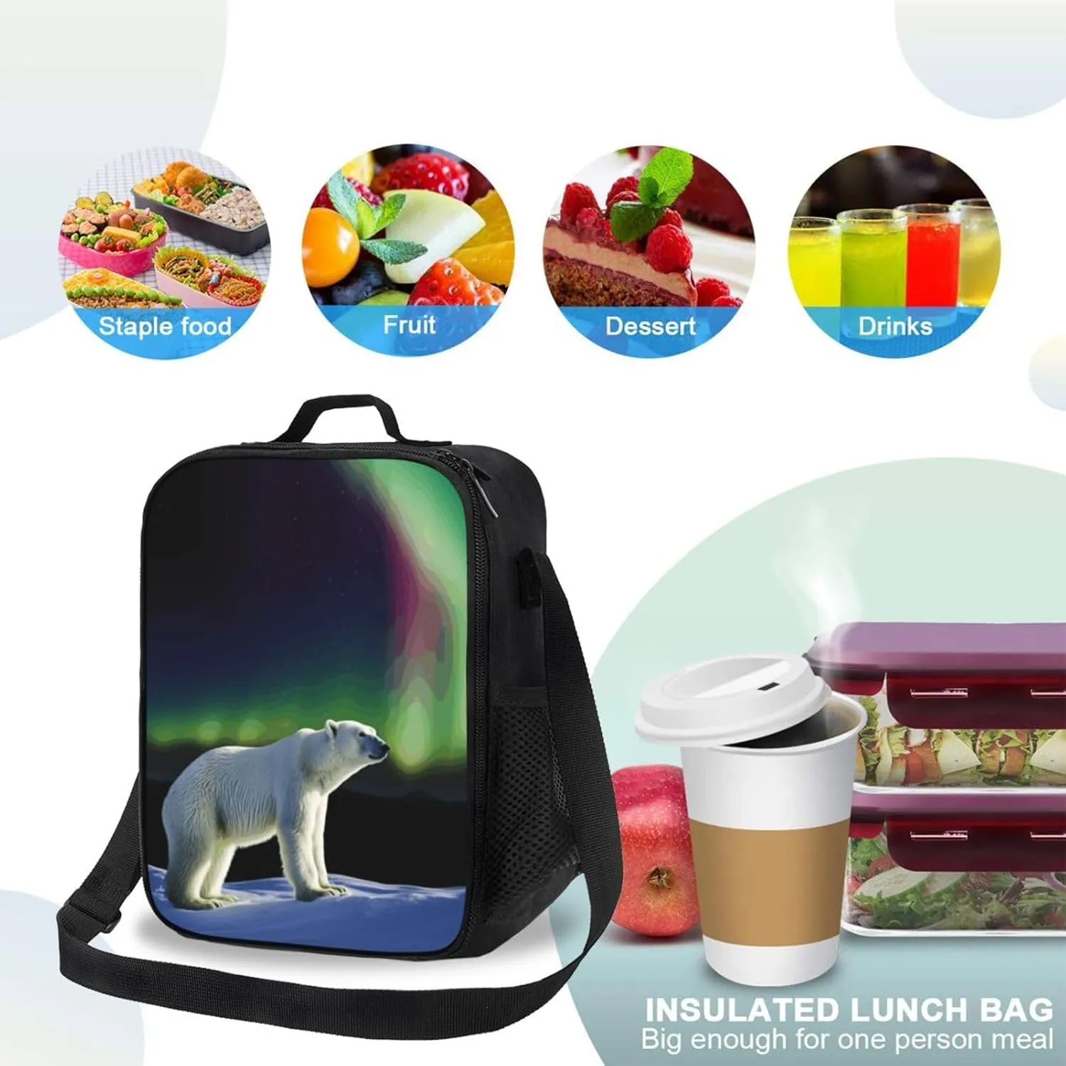 Insulated Lunch box for Men Women Reusable Lunch Bag Northern Lights Polar Bear Cooler Tote Bags for Work Picnic