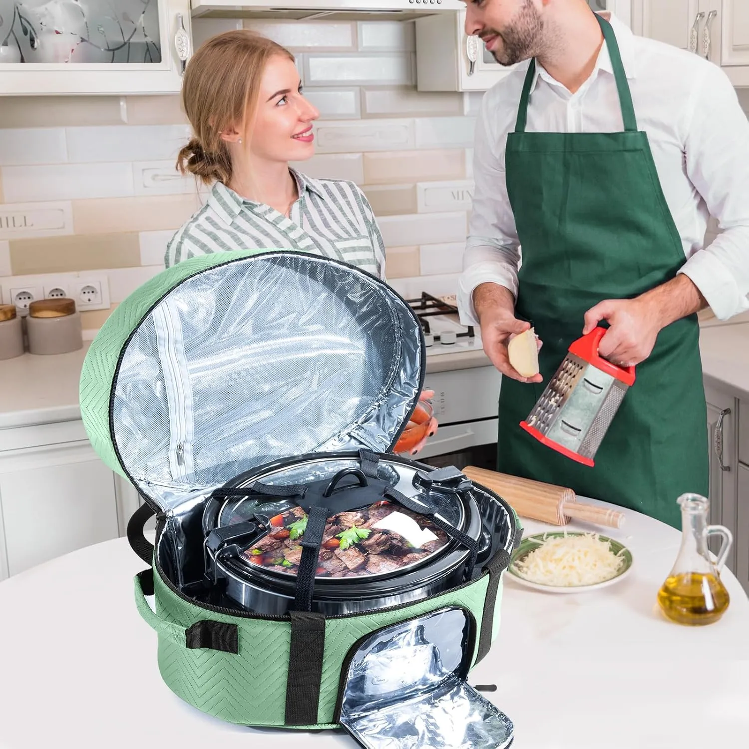 Insulated Slow Cooker Carrying Bag for 6-8 Quart CrockPot and Hamilton Beach Slow Cooker with See-thought Window, Portable Carrier Case with Adjustable Band and Accessory Pocket