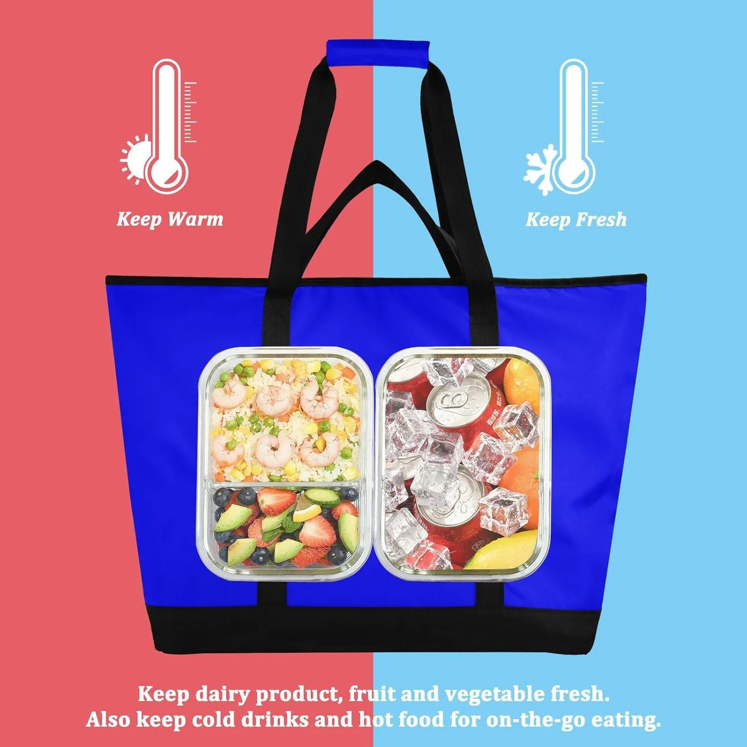 Insulated Soft Sided Cooler Bag Hot or Cold Carrier Portable Travel Cooler Personalized for Travel Picnics Delivery Blue Solid Color