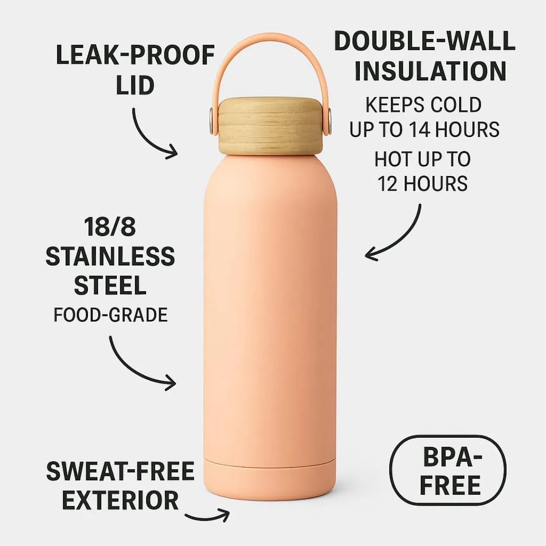 Insulated Stainless Steel Thermos Flask 17oz / 25oz Leakproof Reusable Water Bottle with Bamboo Lid, BPA-Free Hot & Cold Drink Container for Travel, Gym, Office, Sports (Cream, 17 Ounces)