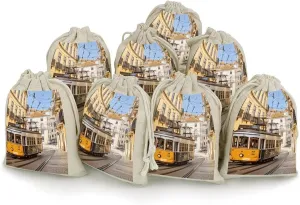 IOLVSHGH Lisbon Tram Empty Sachet Bags 8 PCS Cotton Muslin Bags with Drawstring Small Cloth Gift Pouches 6.7x4.9 Inch Burlap Bag Drawstring for Spice Tea Jewelry Wedding Party
