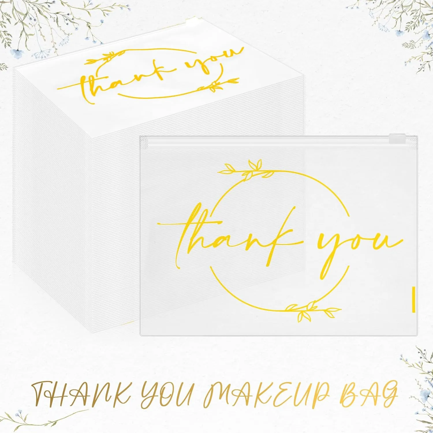 Ireer 100 Pcs Thank You Gift Makeup Bags EVA Clear Cosmetic Bag with Zipper Mini Makeup Thank You Toiletry Cosmetics Bulk Gifts for Women Birthday Daughter Sister(White, Gold)