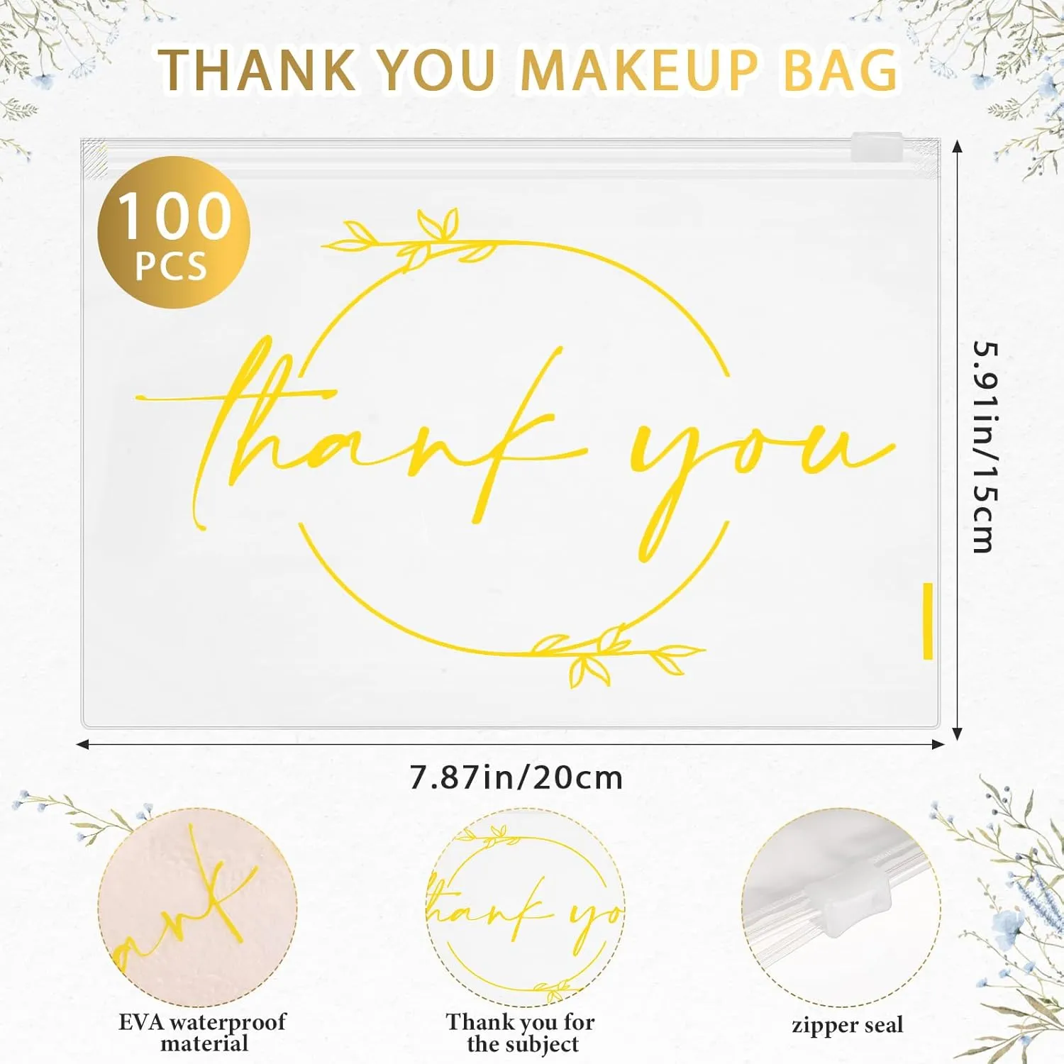 Ireer 100 Pcs Thank You Gift Makeup Bags EVA Clear Cosmetic Bag with Zipper Mini Makeup Thank You Toiletry Cosmetics Bulk Gifts for Women Birthday Daughter Sister(White, Gold)