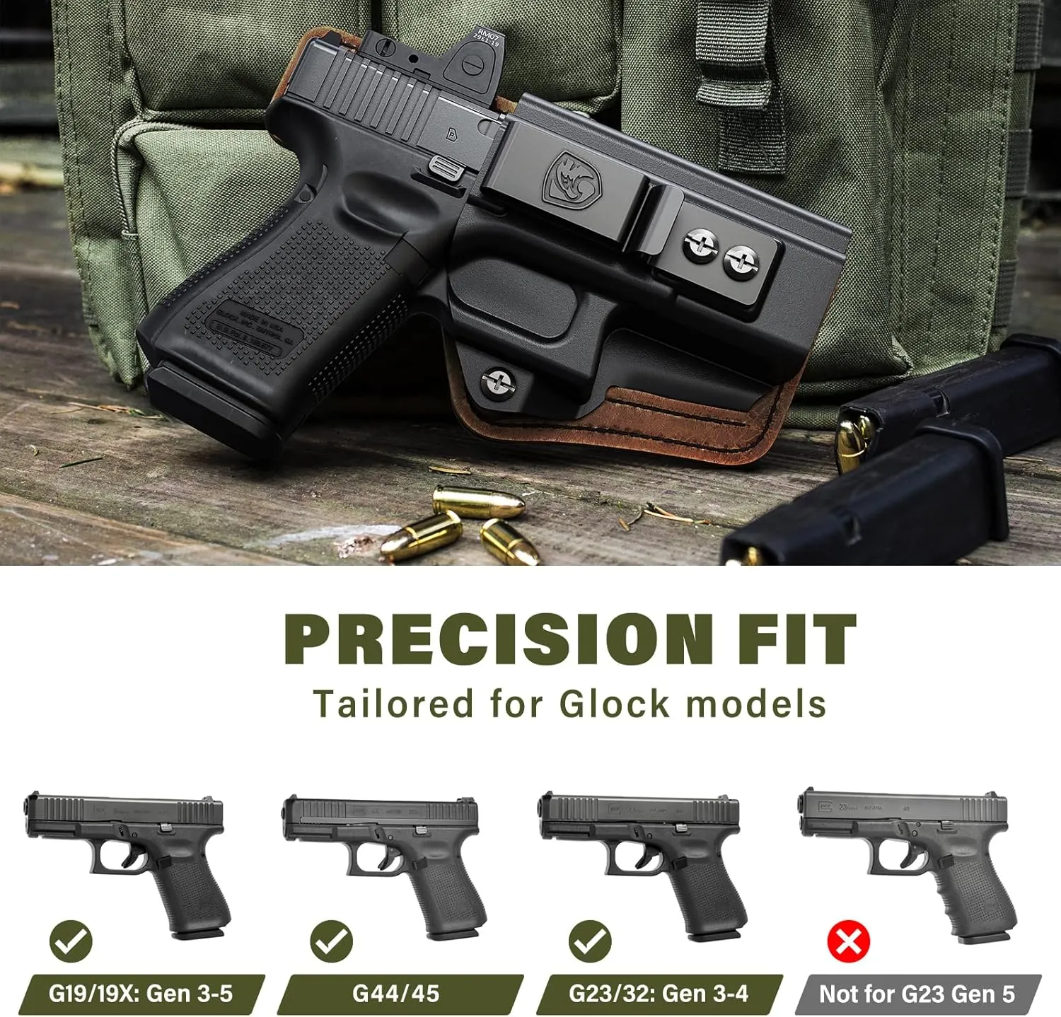 IWB Holster Concealed Carry Compatible with Glock 19 (G19 Gen 3/4/5), 19X, 44, 45, 23, 32 - Kydex and Leather Hybrid Holster Ideal for Appendix Inside Waistband