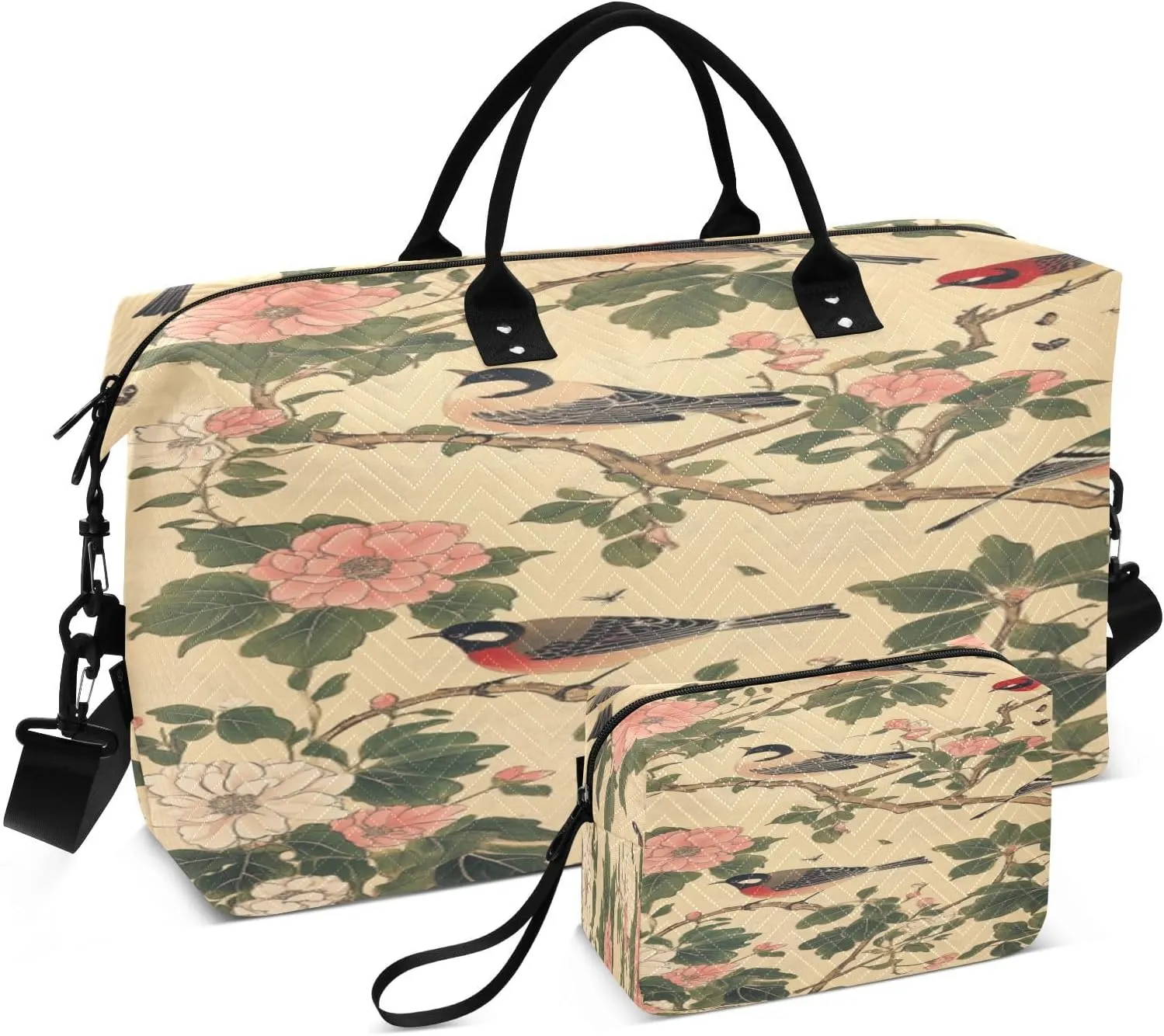 Japanese Robin Camellias Beige Travel Duffel Bag with Toiletry Bag Weekender Bag for Carry on Sports Gym Bag for Sports Yoga Gym