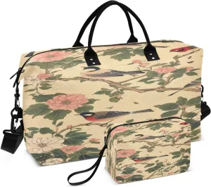 Japanese Robin Camellias Beige Travel Duffel Bag with Toiletry Bag Weekender Bag for Carry on Sports Gym Bag for Sports Yoga Gym