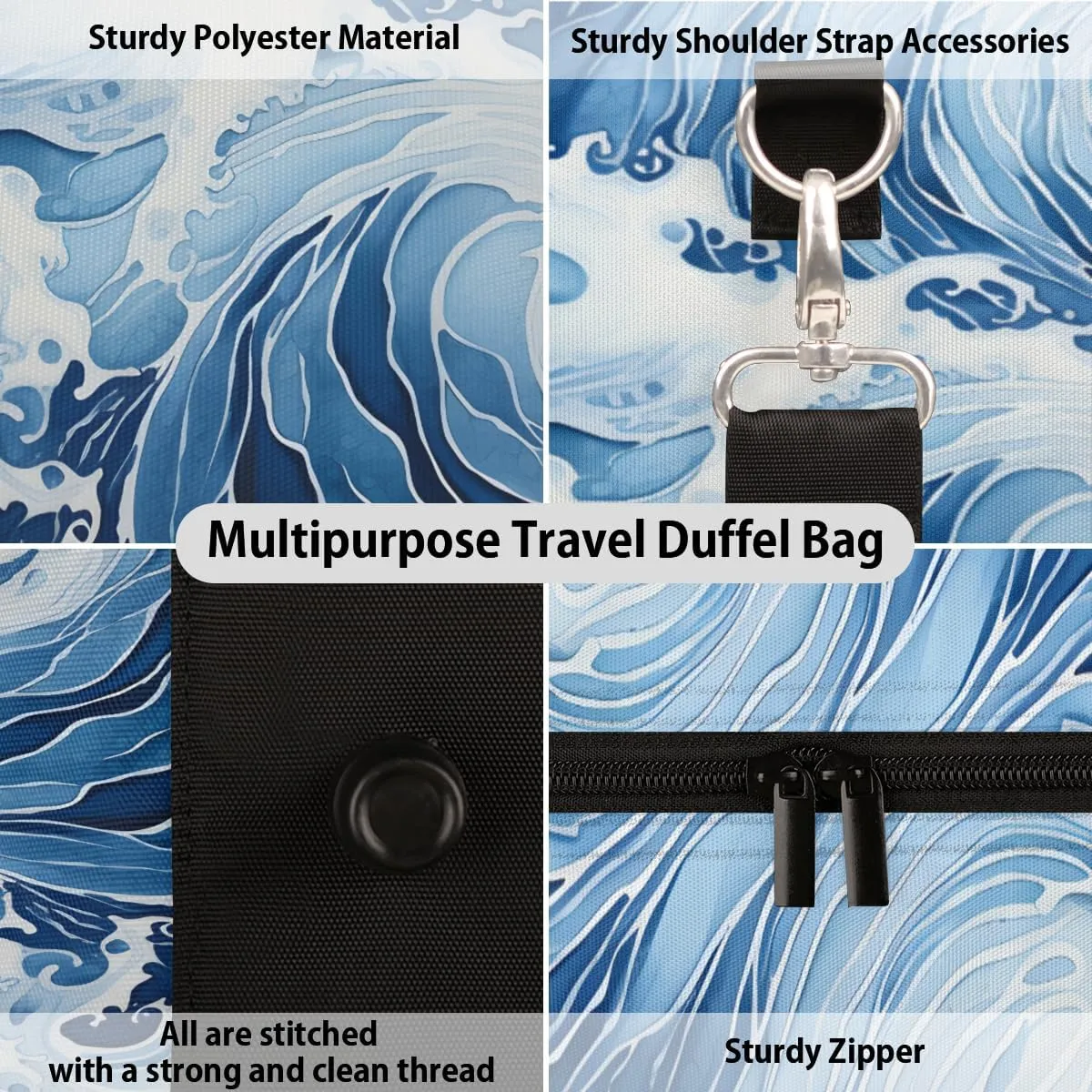 Japanese Waves Travel Duffle Bag for Women Men Gym Duffel Foldable Bag Waterproof Weekender Ocean Asian Duffle Tote