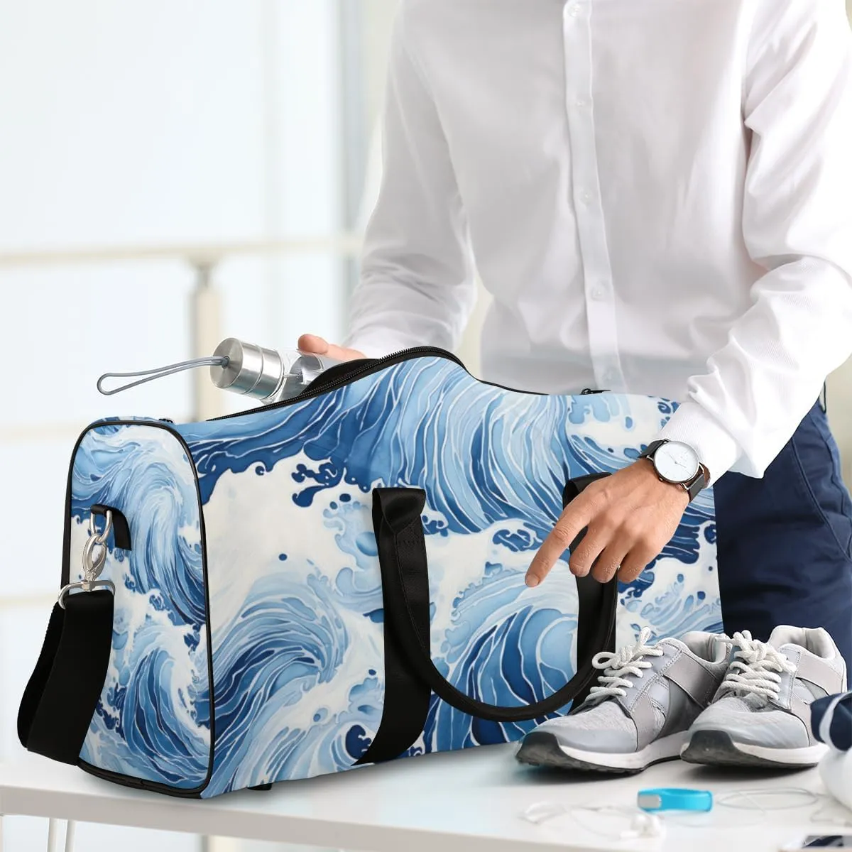 Japanese Waves Travel Duffle Bag for Women Men Gym Duffel Foldable Bag Waterproof Weekender Ocean Asian Duffle Tote