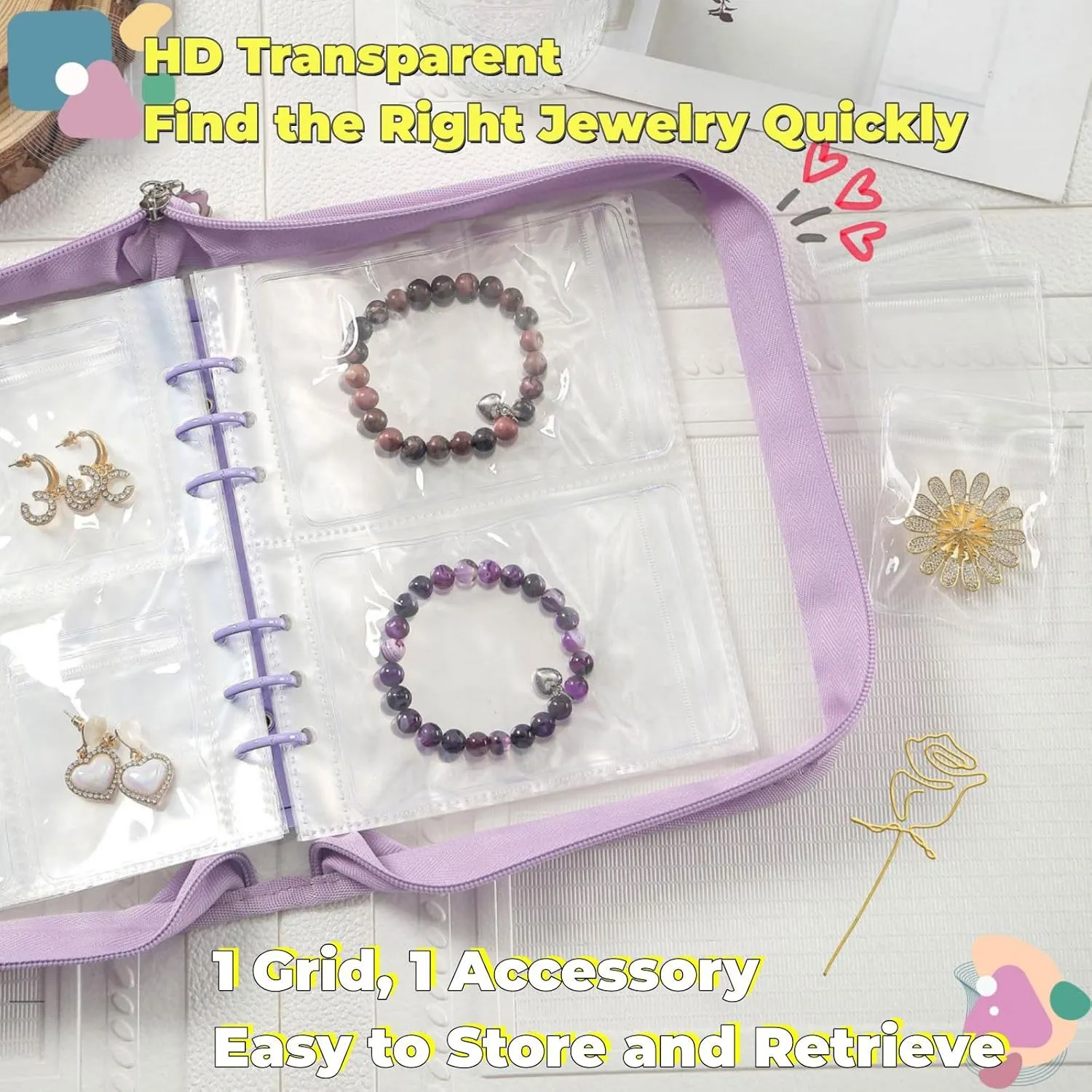 Jewellery Storage Book Transparent Travel Bracelet Earring organizer Book jewelry pouch organizer Zipper Bag (Purple)