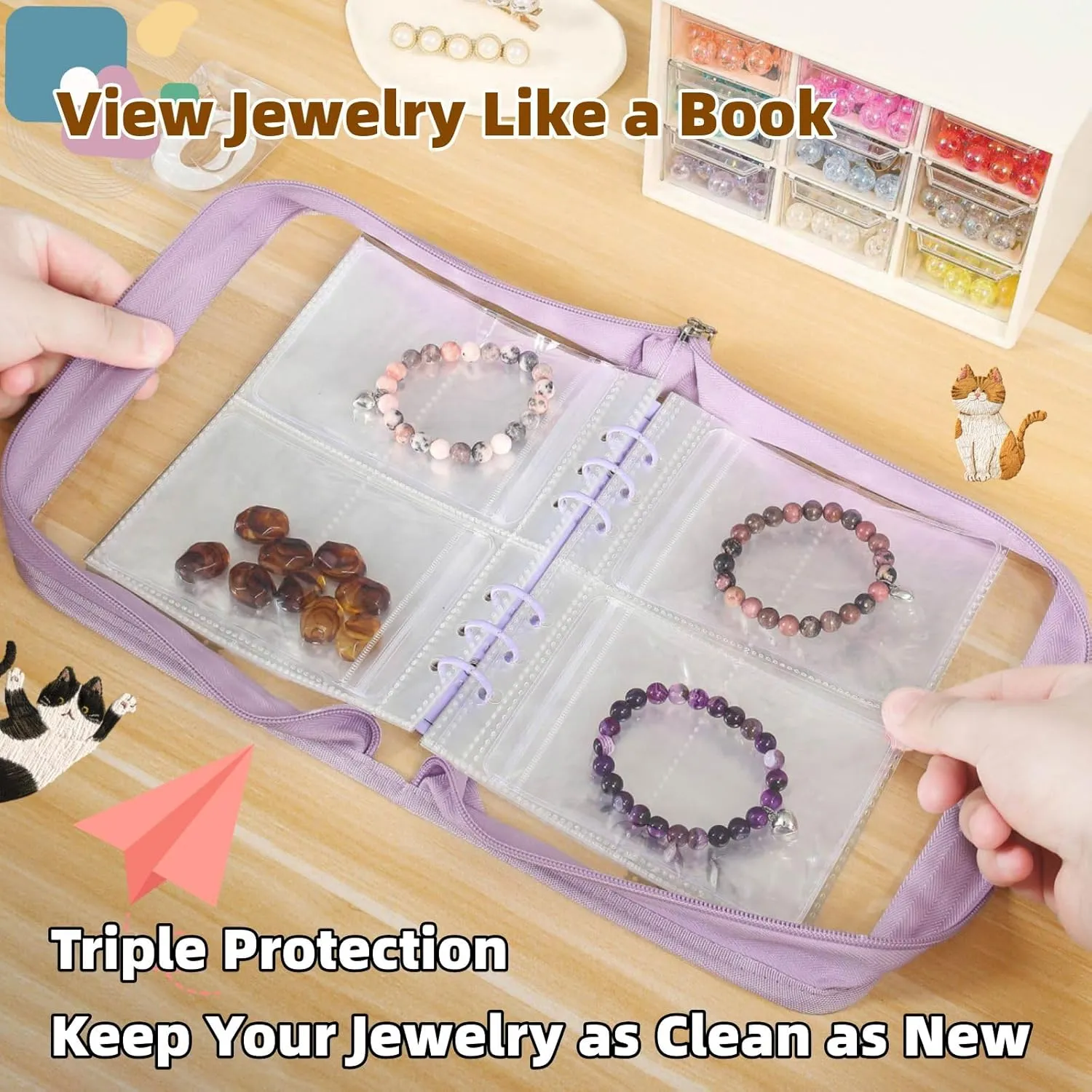 Jewellery Storage Book Transparent Travel Bracelet Earring organizer Book jewelry pouch organizer Zipper Bag (Purple)