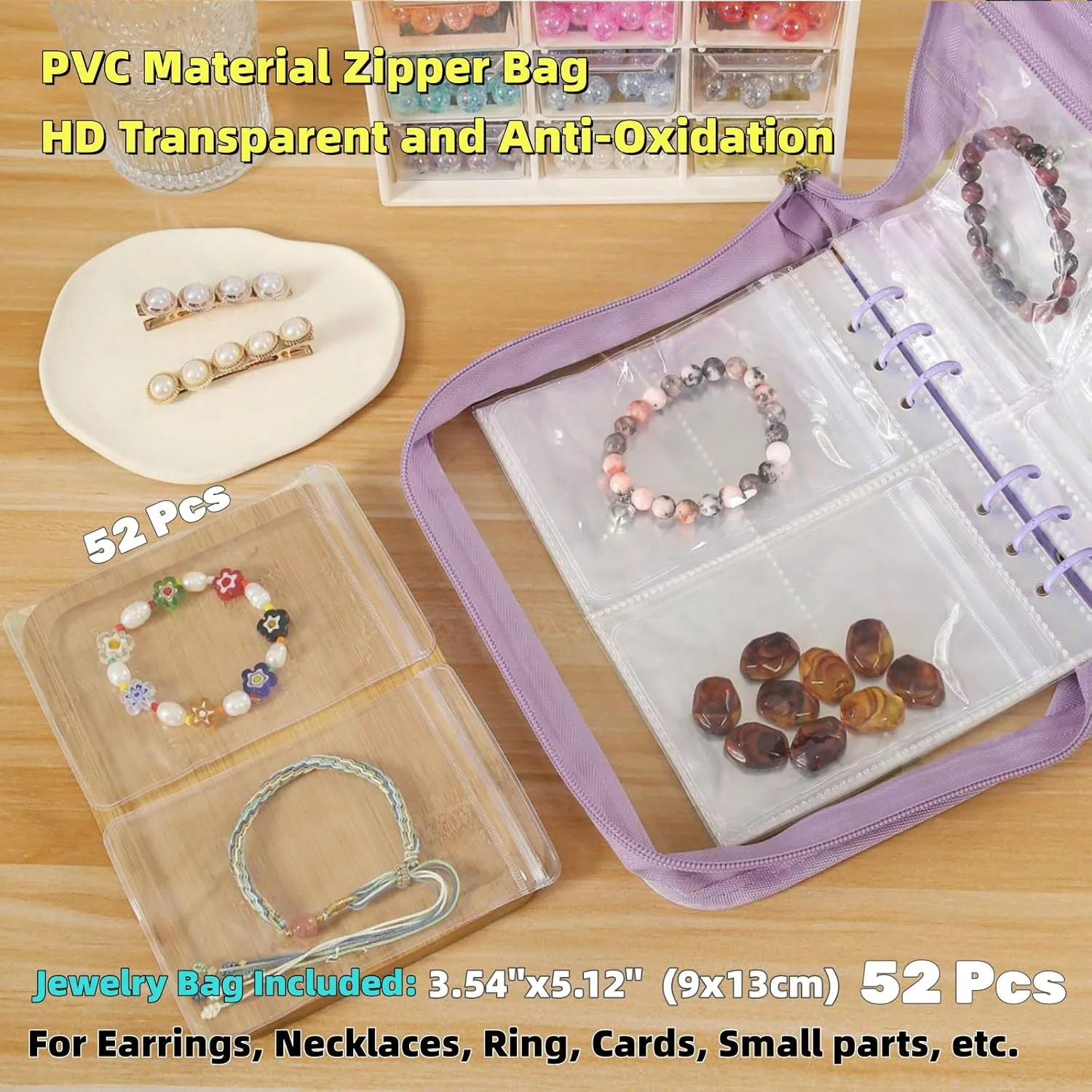 Jewellery Storage Book Transparent Travel Bracelet Earring organizer Book jewelry pouch organizer Zipper Bag (Purple)