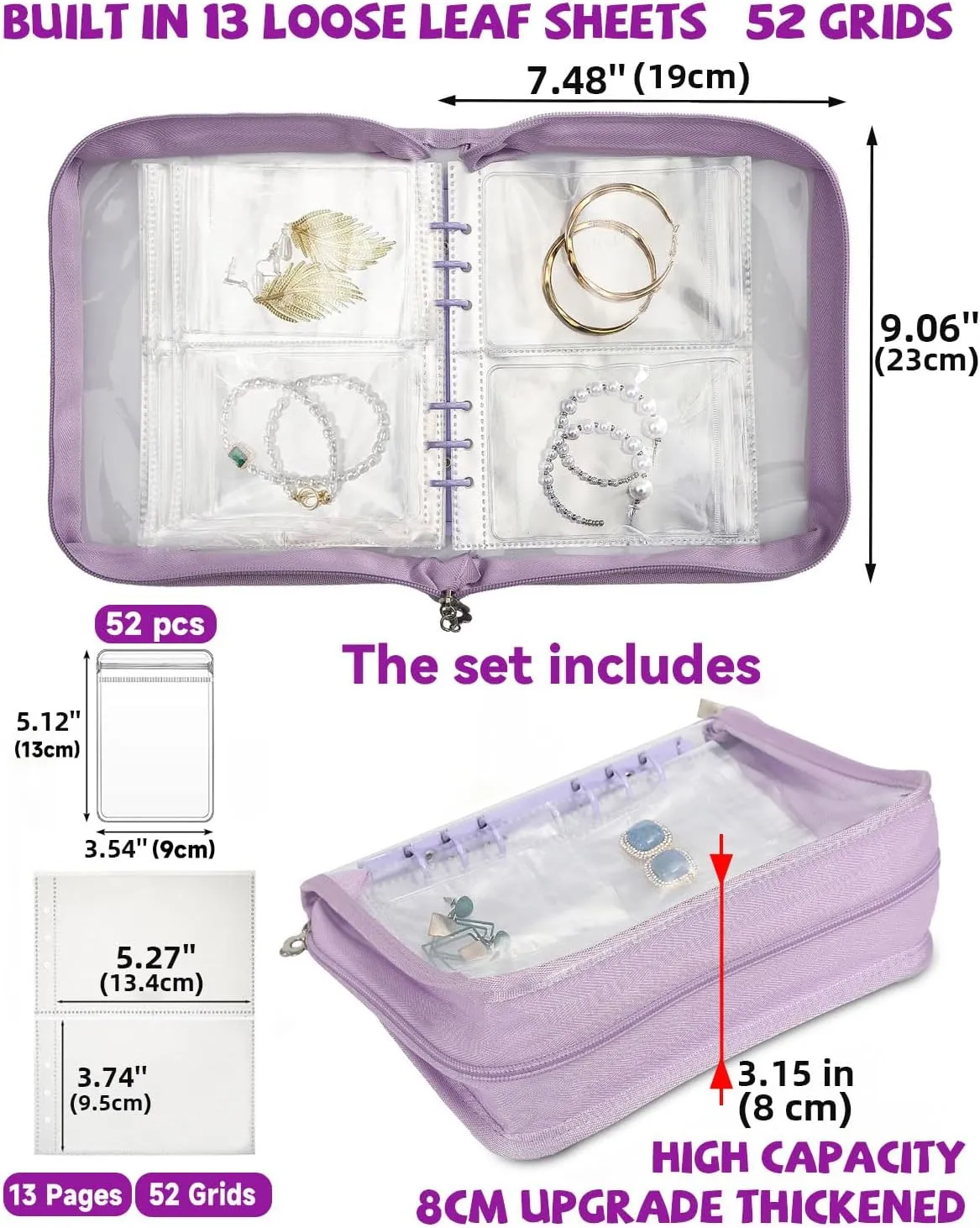 Jewellery Storage Book Transparent Travel Bracelet Earring organizer Book jewelry pouch organizer Zipper Bag (Purple)