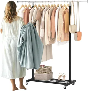 JIUYOTREE Rolling Clothes Rack with Dense Mesh Storage Shelf Clothing Garment Rack with Wheels Width Adjustable Clothing Organizer for Hanging Clothes Shirts Pants Skirts and Bags Black