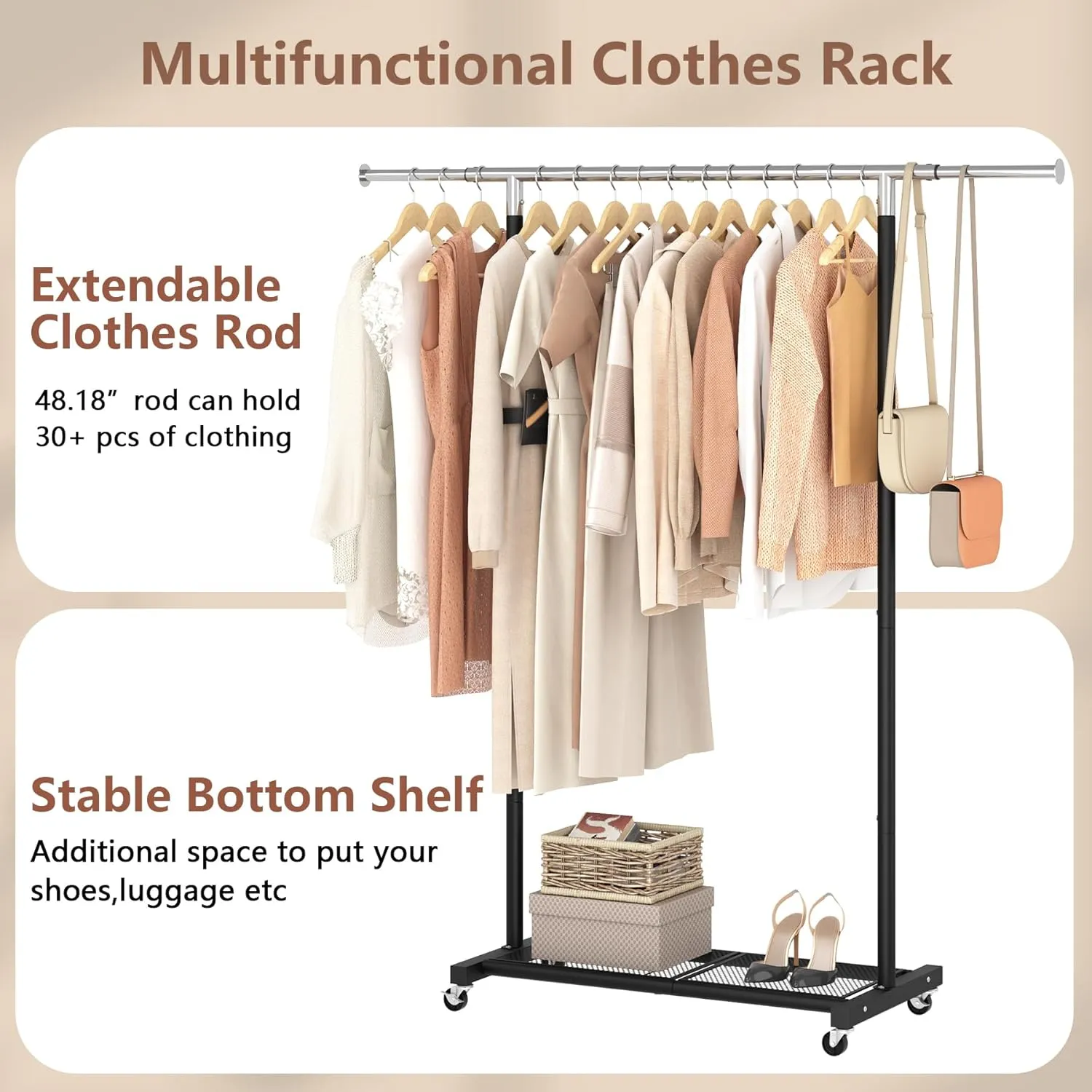 JIUYOTREE Rolling Clothes Rack with Dense Mesh Storage Shelf Clothing Garment Rack with Wheels Width Adjustable Clothing Organizer for Hanging Clothes Shirts Pants Skirts and Bags Black
