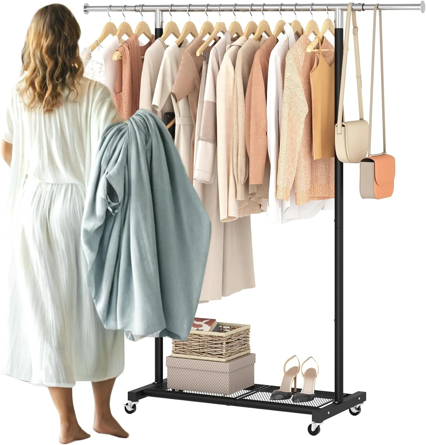 JIUYOTREE Rolling Clothes Rack with Dense Mesh Storage Shelf Clothing Garment Rack with Wheels Width Adjustable Clothing Organizer for Hanging Clothes Shirts Pants Skirts and Bags Black