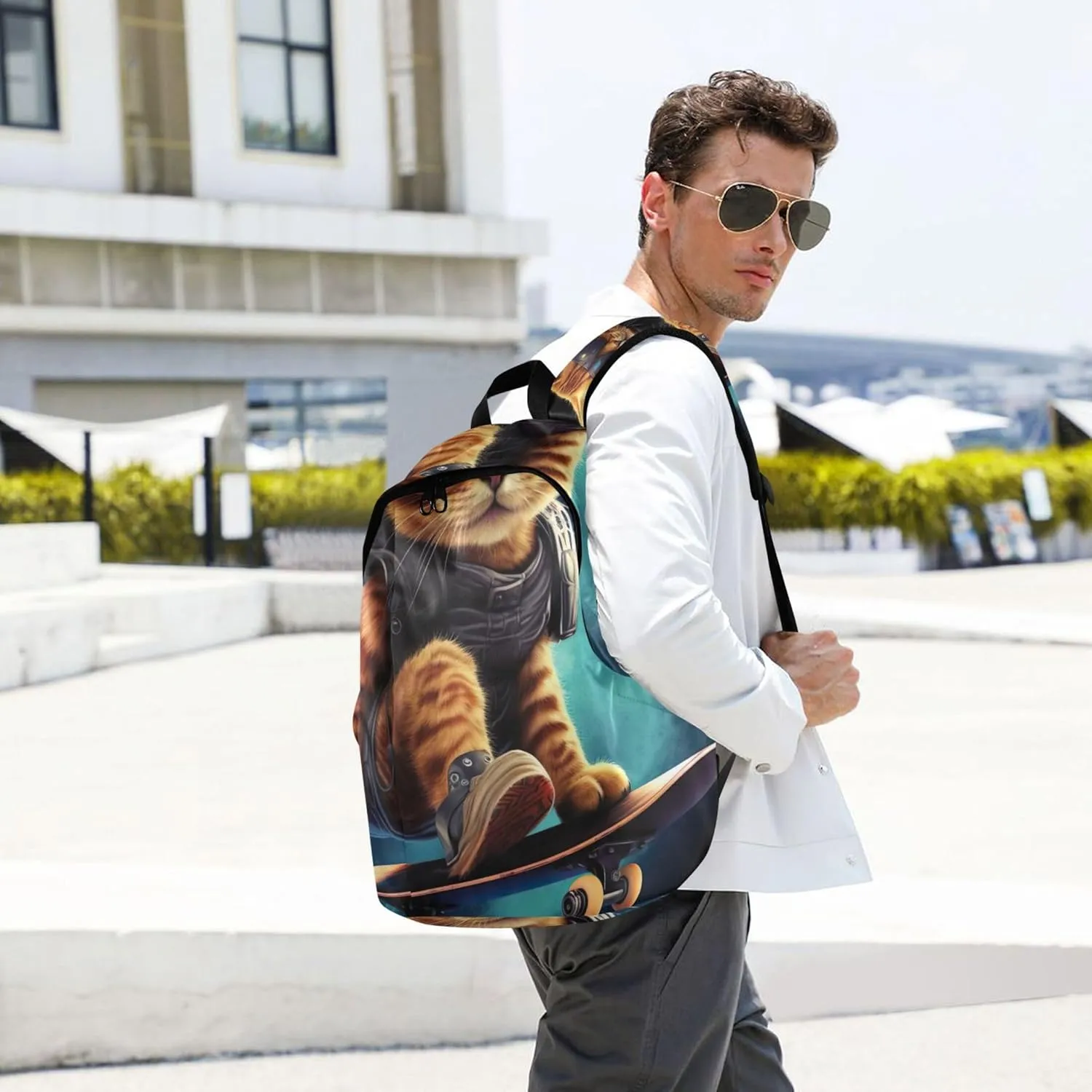 Joisal Funny Cat Skateboard Simple Casual Daypack Backpacks for Woman Gifts Book Bags for Teen