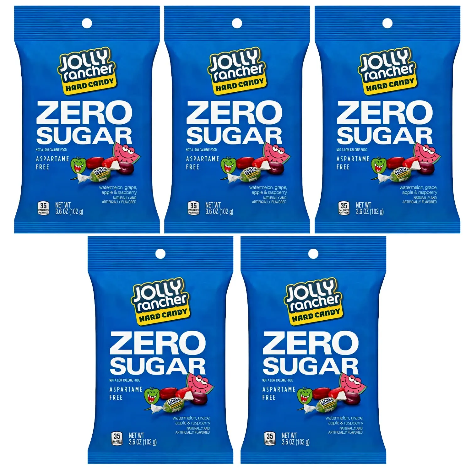 Jolly Rancher Zero Sugar 5 pack – 5 Bags (3.6oz each) of Jolly Rancher Sugar Free Hard Candy Individually Wrapped. Comes in a Box.