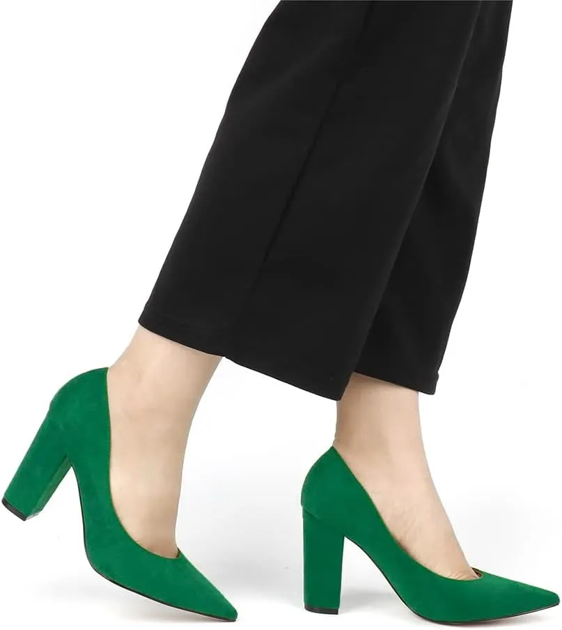 JOY IN LOVE Chunky Heels for Women High Block Heel Pointy Toe Dress Work Pumps