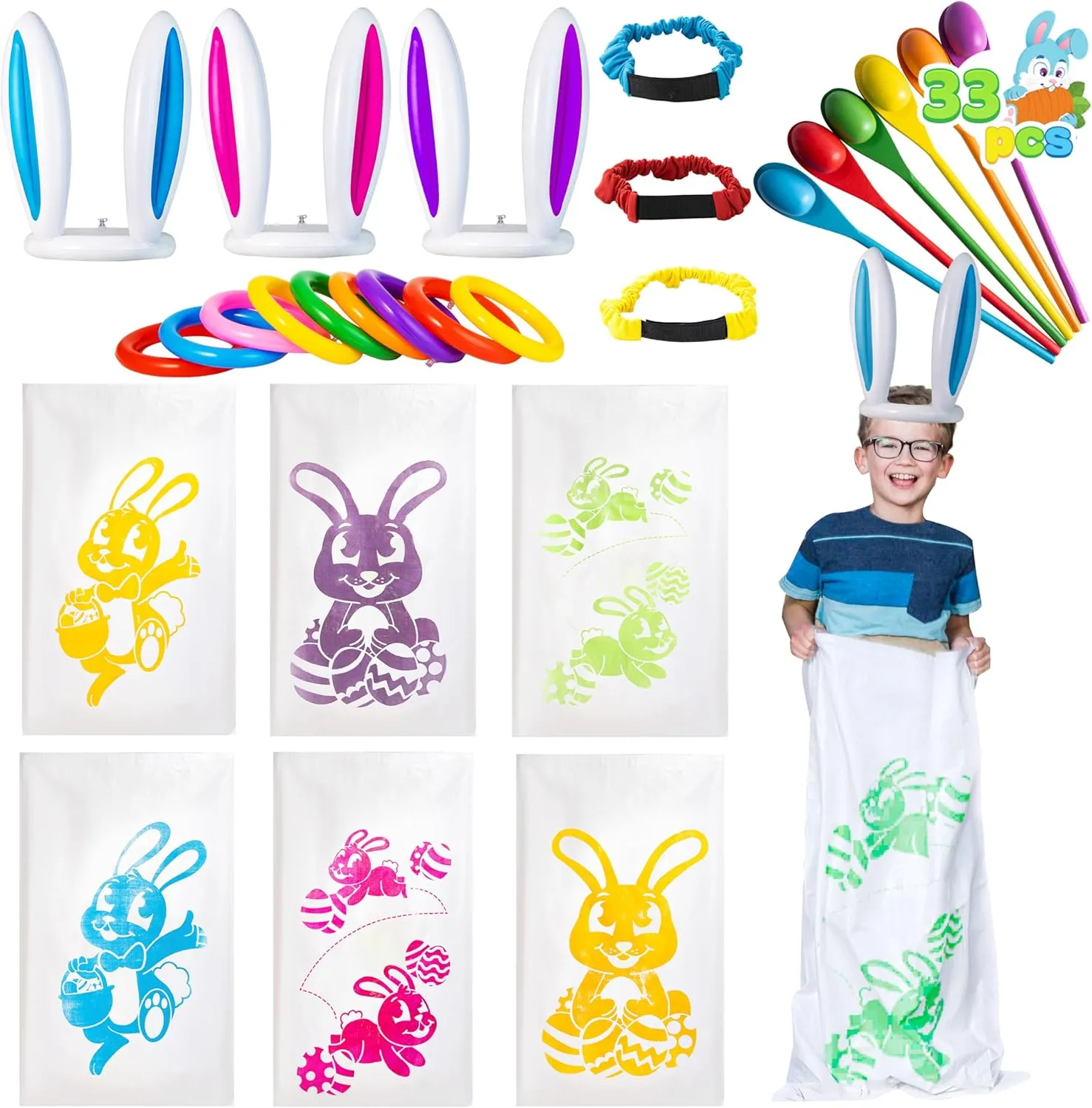 JOYIN Easter 33PCS Potato Sack Race Jumping Bags, Spoon and Egg Race, 6 Players Legged Relay Race Bands Elastic Tie Rope for Easter Theme Party Favor, Outside Lawn,Eggs Hunt Game Activities