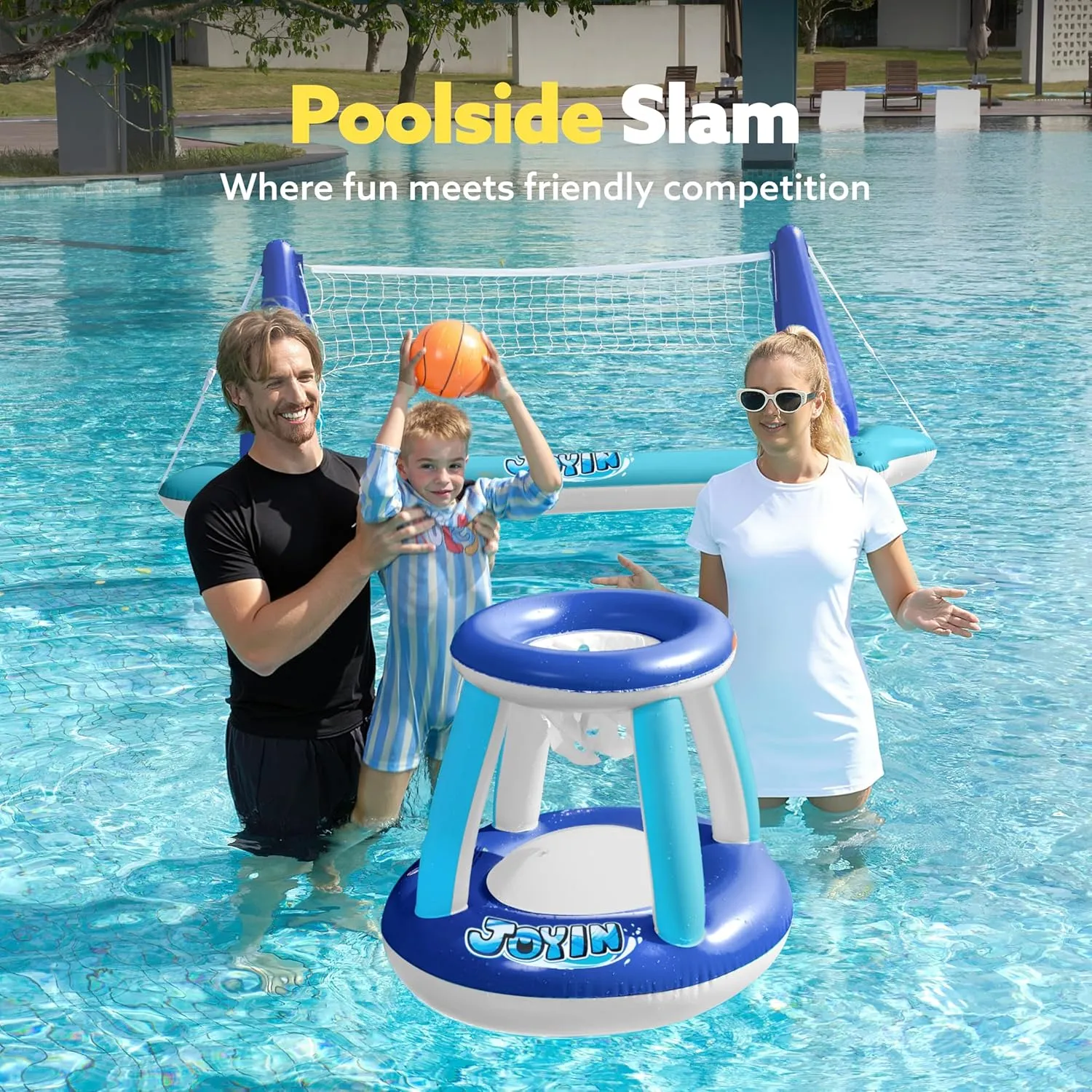 JOYIN Inflatable Volleyball Net & Basketball Hoops Pool Float Set; Balls Included for Kids/Adults, Summing Pool Game, Floating, Summer Floaties, Volleyball Court |Basketball,L-Dark Blue
