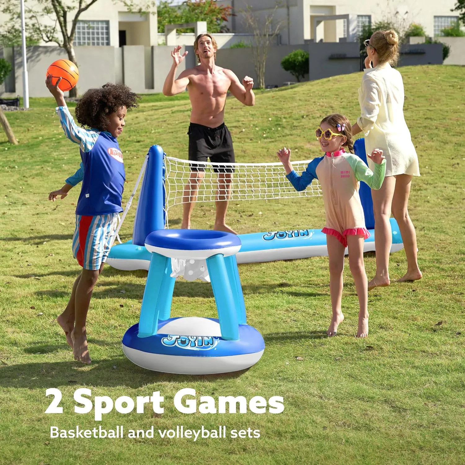 JOYIN Inflatable Volleyball Net & Basketball Hoops Pool Float Set; Balls Included for Kids/Adults, Summing Pool Game, Floating, Summer Floaties, Volleyball Court |Basketball,L-Dark Blue