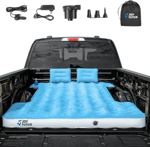 JOYTUTUS Truck Mattress for Camping 2.0, Air Bed with Inflatable Pillow for 5.5-5.8Ft, Full-Size Thicken Sleeping Pad with Cup Holder, Blow Up Bed for Car Truck Pickup F150, Blue