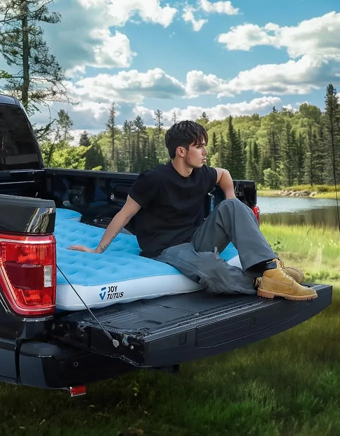 JOYTUTUS Truck Mattress for Camping 2.0, Air Bed with Inflatable Pillow for 5.5-5.8Ft, Full-Size Thicken Sleeping Pad with Cup Holder, Blow Up Bed for Car Truck Pickup F150, Blue