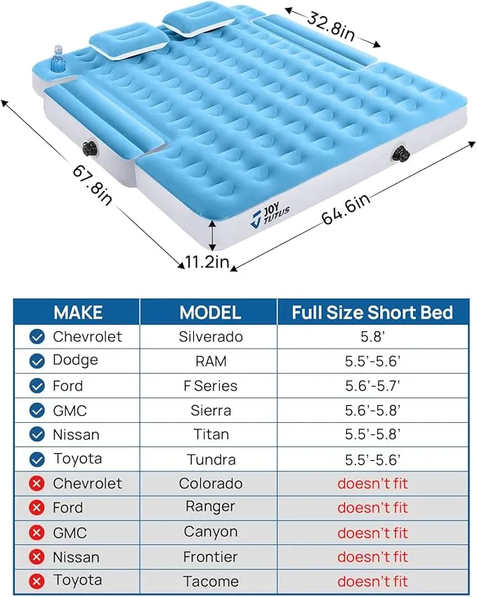 JOYTUTUS Truck Mattress for Camping 2.0, Air Bed with Inflatable Pillow for 5.5-5.8Ft, Full-Size Thicken Sleeping Pad with Cup Holder, Blow Up Bed for Car Truck Pickup F150, Blue