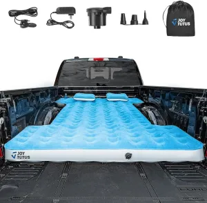 JOYTUTUS Truck Mattress for Camping 2.0, Air Bed with Inflatable Pillow for 6-6.5Ft, Full-Size Thicken Sleeping Pad with Cup Holder, Blow Up Bed for Car Truck Pickup F150, Blue White